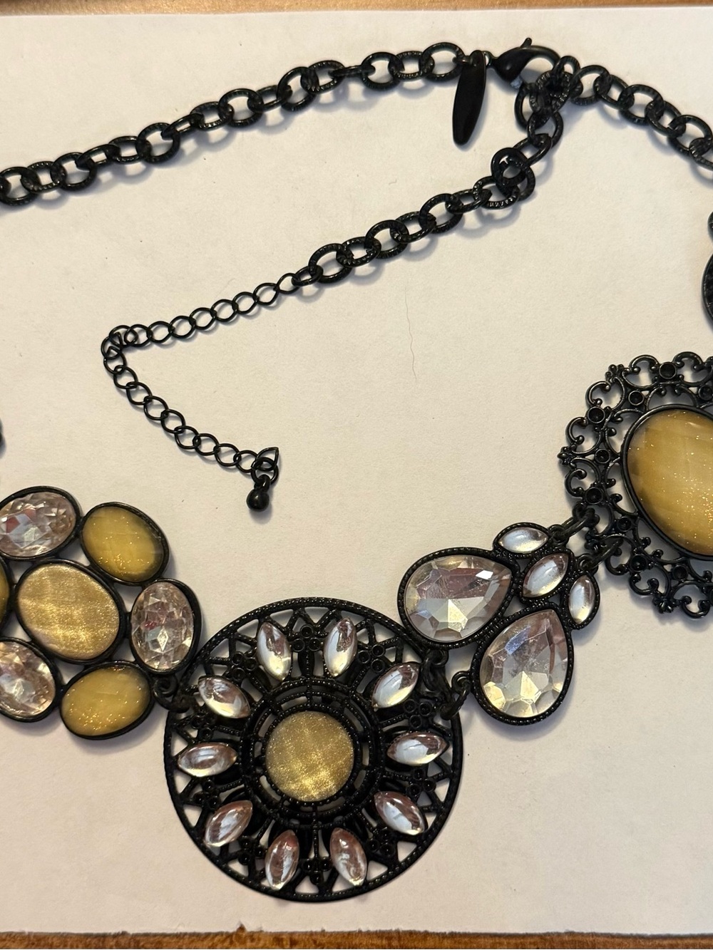 Black Chain Statement Necklace with Gold and Clear Stones